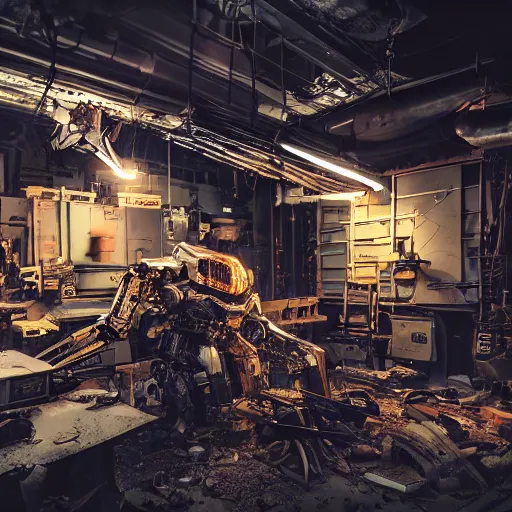 Image similar to cutlery mecha, dark messy smoke - filled cluttered workshop, dark, dramatic lighting, orange tint, cinematic, highly detailed, sci - fi, futuristic, movie still