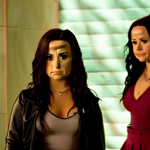 Image similar to close-up of Demi Lovato as Piper Halliwell and Selena Gomez as Phoebe Halliwell and Ariana Grande as Prue Halliwell in a Charmed movie directed by Christopher Nolan, movie still frame, promotional image, imax 35 mm footage