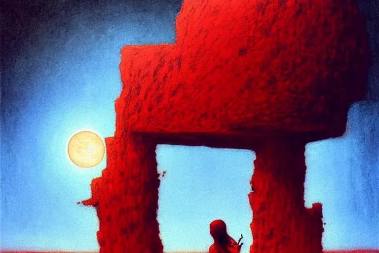 Image similar to only with red, a red shinigami eat apple, mars in background, an ancient path, in the style of beksinski, part by hopper, part by rodcenko, part by hofbauer, intricate composition, red by caravaggio, insanely quality, highly detailed, masterpiece, red light, artstation