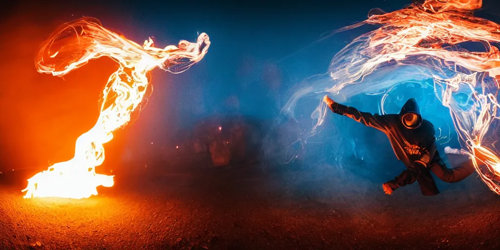 Image similar to fisheye slow motion with trail fire effect of futuristic break dancer wearing long dark cloak and golden helmet emitting blue and red fire, long exposure shot , enigmatic, at night in the middle of the arctic with red light A letter, paddle of water, steam, fog, water splashes, rim lights, glossy reflections, water droplets on lens, octane render, Volumetric dynamic lighting, stunning cover magazine, high details, hajime sorayama