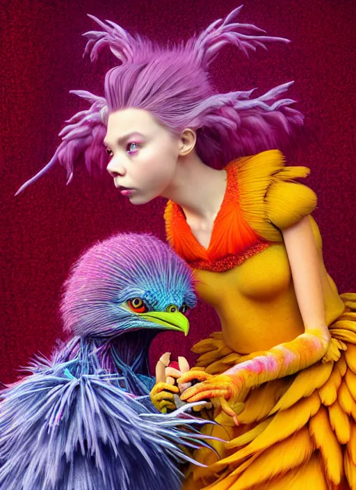 Image similar to hyper detailed 3d render like a Oil painting - kawaii portrait of two Aurora (a beautiful skeksis muppet fae princess protective playful expressive from dark crystal that looks like Anya Taylor-Joy) seen red carpet photoshoot in UVIVF posing in scaly dress to Eat of the Strangling network of yellowcake aerochrome and milky Fruit and His delicate Hands hold of gossamer polyp blossoms bring iridescent fungal flowers whose spores black the foolish stars by Jacek Yerka, Ilya Kuvshinov, Mariusz Lewandowski, Houdini algorithmic generative render, golen ratio, Abstract brush strokes, Masterpiece, Edward Hopper and James Gilleard, Zdzislaw Beksinski, Mark Ryden, Wolfgang Lettl, hints of Yayoi Kasuma and Dr. Seuss, octane render, 8k