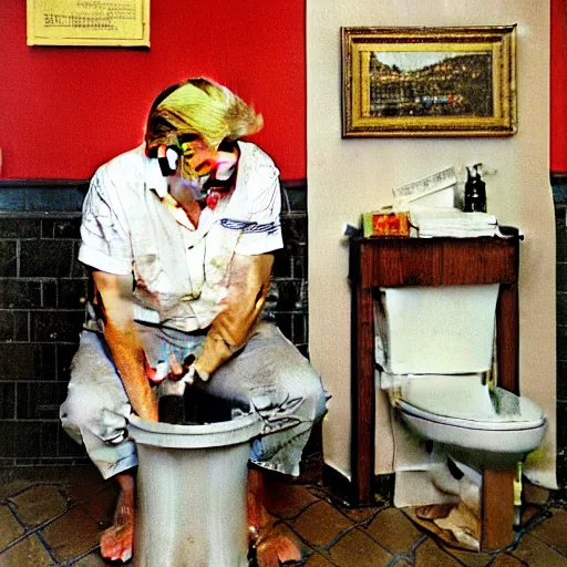 Prompt: Donald Trump trying to flush documents down the toilet, by Norman Rockwell