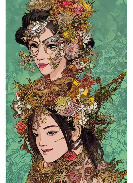 Prompt: beautiful floralpunk balinese cyborg portrait girl female illustration detailed patterns art of bali traditional dress, flower pop art, floral splash painting, art by geof darrow, ashley wood, alphonse mucha, makoto shinkai