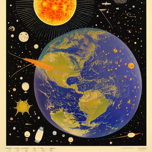 Image similar to highly detailed 6 0 s graphic poster with the world on fire, surrounded by space junk and old satellites, as seen from space, in the style of old botanical illustrations, matisse, caravaggio and japanese art, 4 k