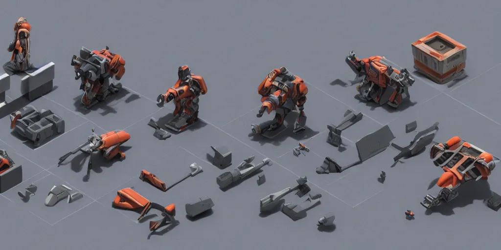 Image similar to Isometric 3d octane render of Mech pieces