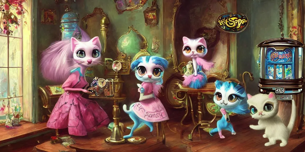 Image similar to 3 d littlest pet shop cat, vintage gothic gown, gumball machine, master painter and art style of noel coypel, art of emile eisman - semenowsky, art of edouard bisson