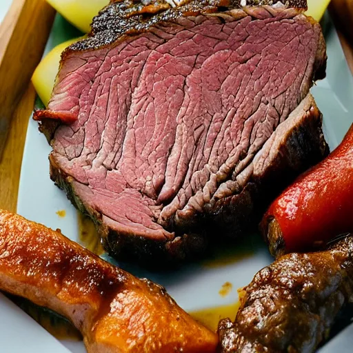 Image similar to chuck roast norris, food photo of chuck norris face on chuck roast