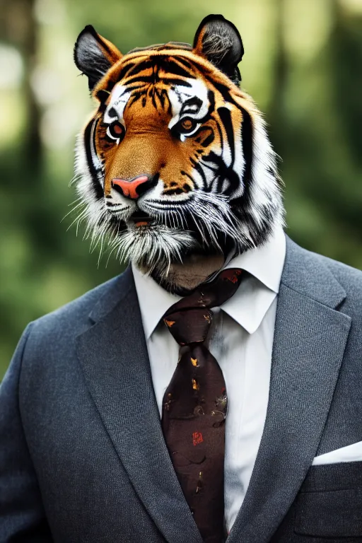 Prompt: high quality portrait photo of a tiger dressed in a dark business suit and tie, Anthropomorphic, photography 4k, f1.8 bokeh, 4k, 85mm lens