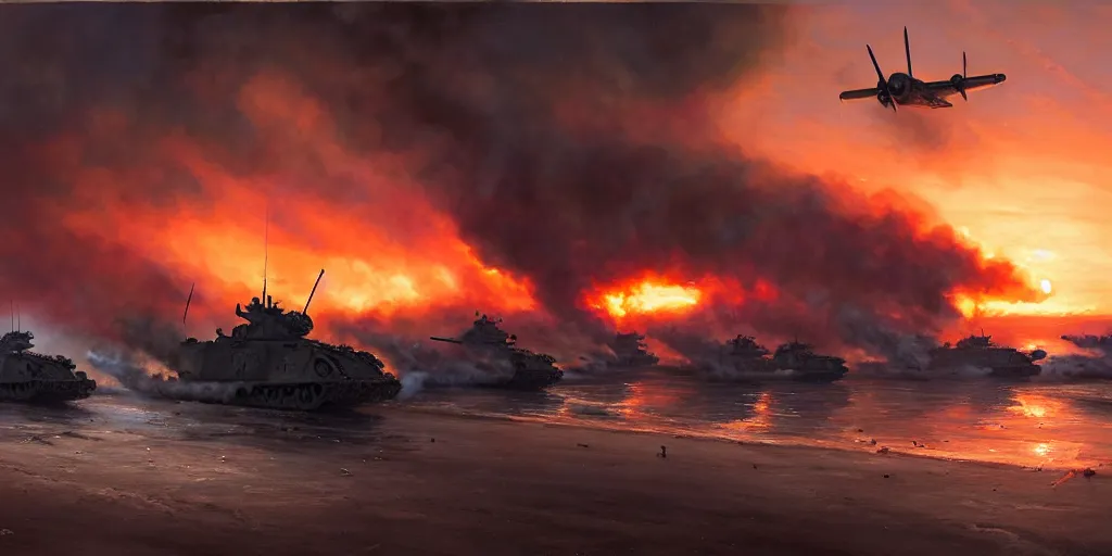 Image similar to the normandy!!!!! landings, d - day, 1 9 4 5, sunset, chaos!!!, smoke, fire, soldiers charging in, airplanes bombing the beach, destroyed tanks, highly detailed, wide shot, sadness, cinematic, ultra realistic!!!, ray tracing, by greg rutkowski