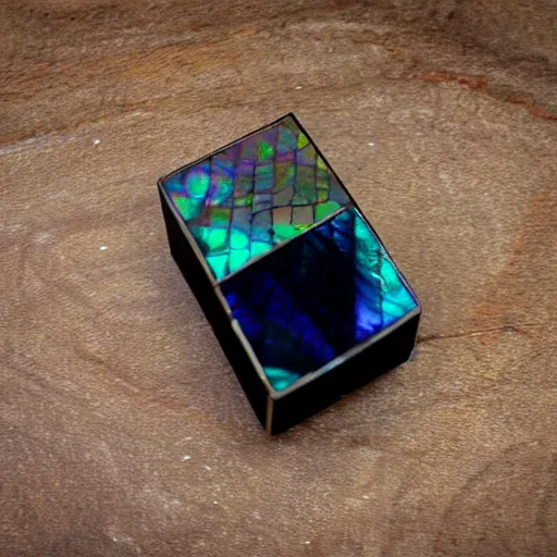 Image similar to black cube with intricate iridescent mother - of - pearl inlay