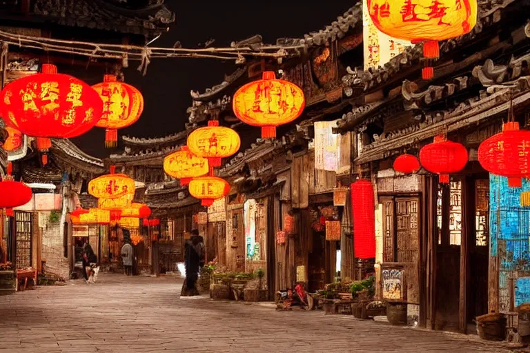 Image similar to Miniature of a rustic chinese street with shops, glowing lamps