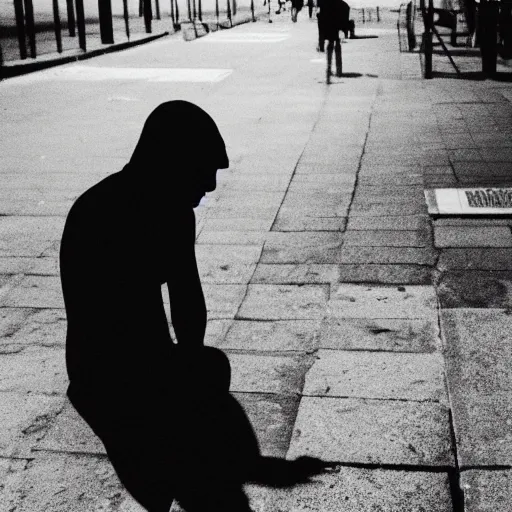 Prompt: a picture of a shadowy figure sitting on pavement deep underwater, godrays, black-and-white, 35mm