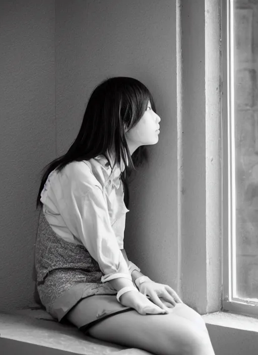 Prompt: photography girl looking sitting next to window by maasa takahashi