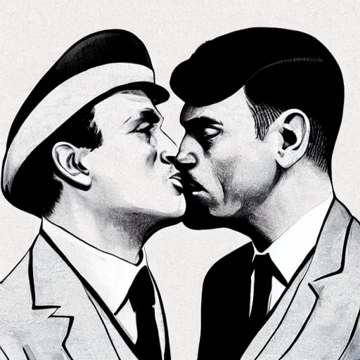 Image similar to benjamin netanyahu kissing tommy shelby, photorealistic, detailed