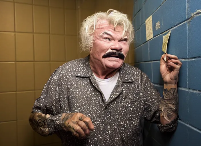 Image similar to photo still of rip taylor in a jail cell!!!!!!!! at age 6 3 years old 6 3 years of age!!!!!!! throwing confetti from a bucket, 8 k, 8 5 mm f 1. 8, studio lighting, rim light, right side key light