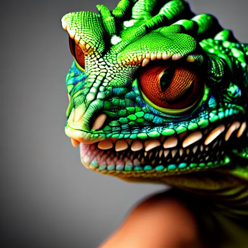 Prompt: beautiful humanized lizard - girl, full growth, studio shot in style, professional photographer, many details, super realistic, high quality, 8 k