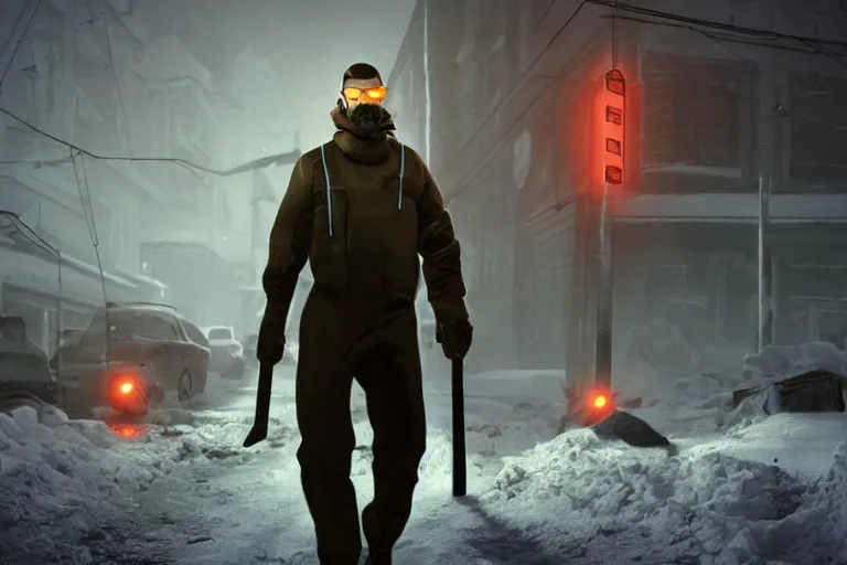 Image similar to Gordon Freeman from Half-Life 2 in real life walking through the dark Russian winter streets with a crowbar in his hands 8K realistic