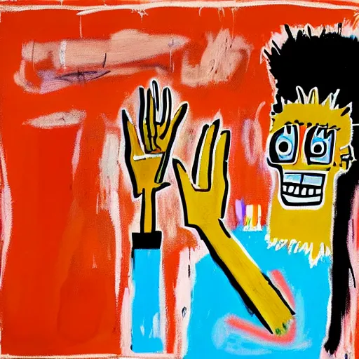 Prompt: basquiat style painting of a girl with hand over face