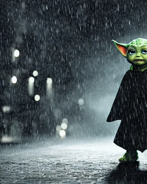 Prompt: epic closeup cinematic still of baby yoda as batman wearing batman costume with batcape as batman in atmospheric rainy alleyway in the style of batman the dark knight rises, 8 k backlit, rim lighting, dramatic moonlight lighting, beautiful composition