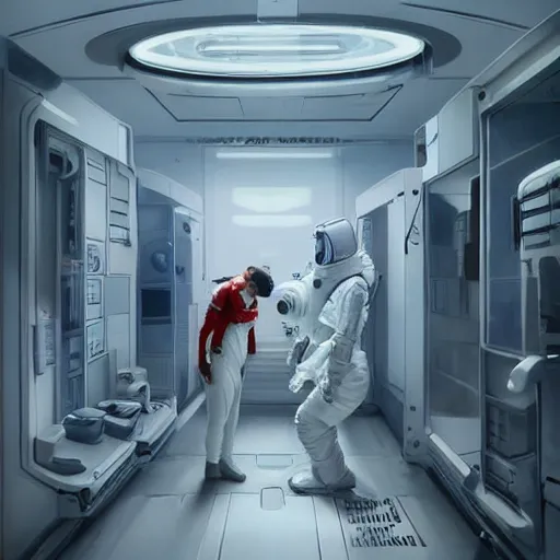 Image similar to a space woman in a white nurse uniform examinating an alien in a space station hospital, Matte painting , detailed painting, greg rutkowski