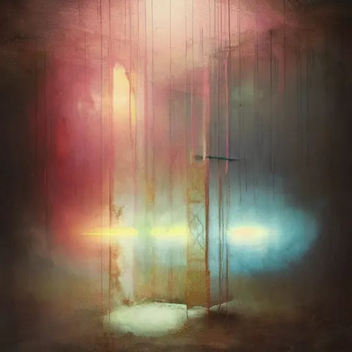 Image similar to resonant frequency by cy Twombly and BASTIEN LECOUFFE DEHARME, colorful, iridescent, volumetric lighting, abstract