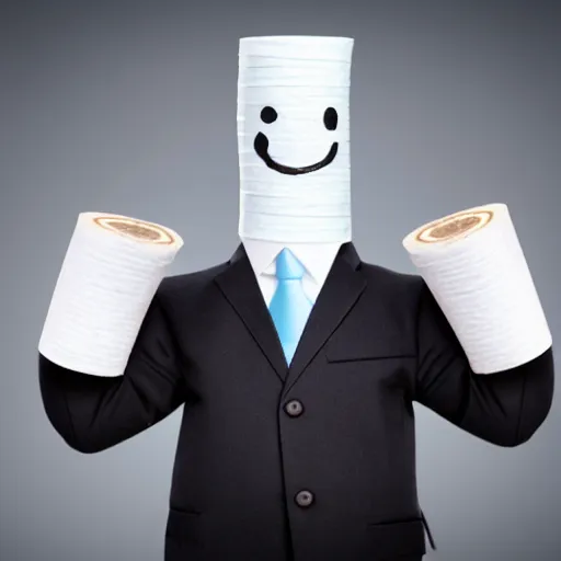 Prompt: a businessman with hands made of toilet paper