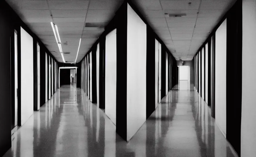 Prompt: spooky photo of an infinite hallway with open lit doorways all the way down, dramatic lighting, smoke, ceiling fluorescent lighting