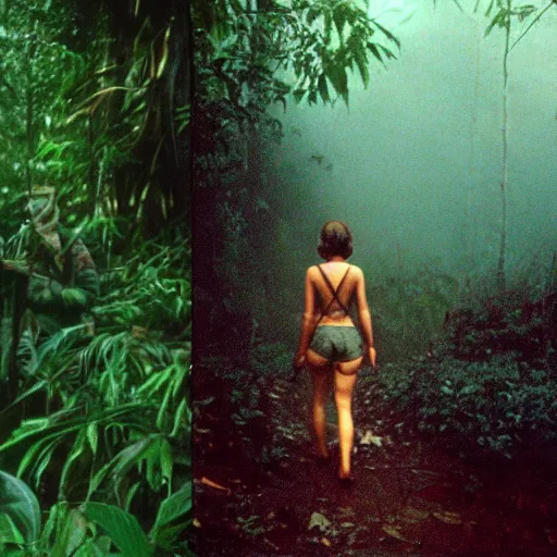 Prompt: film still, far view, emma watson soldier hiking through dense vietnam jungle, dense cloud fog, film still from apocalypse now ( 1 9 7 9 ), 2 6 mm, kodak ektachrome, blue tint expired film,