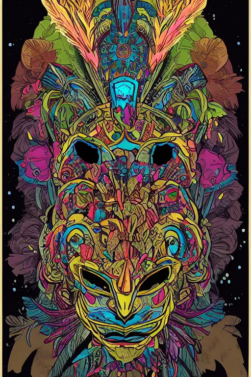 Image similar to animal mask totem roots flower tribal feather gemstone plant wood rock shaman vodoo video game vector cutout illustration vivid multicolor borderlands comics by josan gonzales and dan mumford radiating a glowing aura