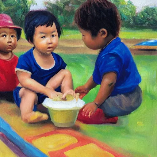 Image similar to an ethnically diverse group of toddlers. white. asian. hispanic. african. playing on a playground. oil on canvas exquisite. smooth. sharp focus. award winning. 8 k