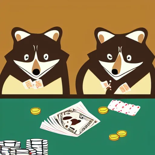 Prompt: illustration of gangster raccoons in smokings, playing poker, dollars, and pistolet on the table