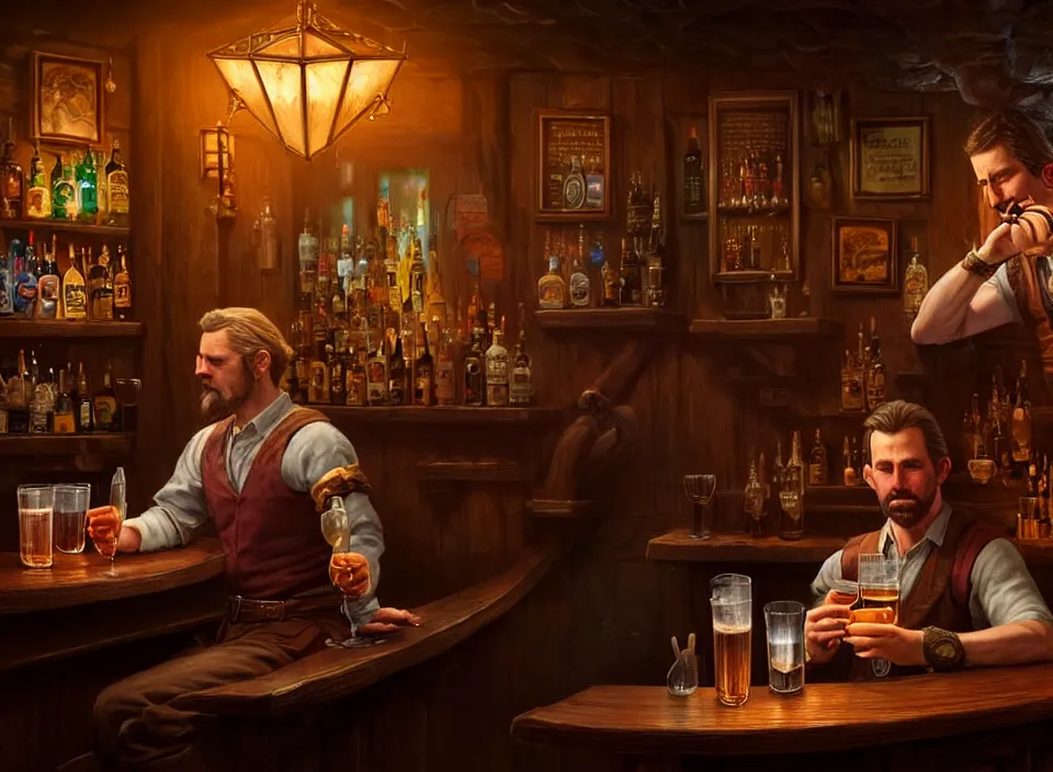 Prompt: a beautiful hyperrealistic d&d character drinking at the bar, dimly-lit cozy tavern, relaxed pose, fantasy art, detailed painterly digital art style by Chip Zdarsky, d&d vibe, 🍸, 8k octane beautifully detailed render, post-processing, extremely hyperdetailed, intricate, epic composition, grim yet sparkling atmosphere, cinematic lighting + masterpiece, trending on artstation, very detailed, vibrant colors