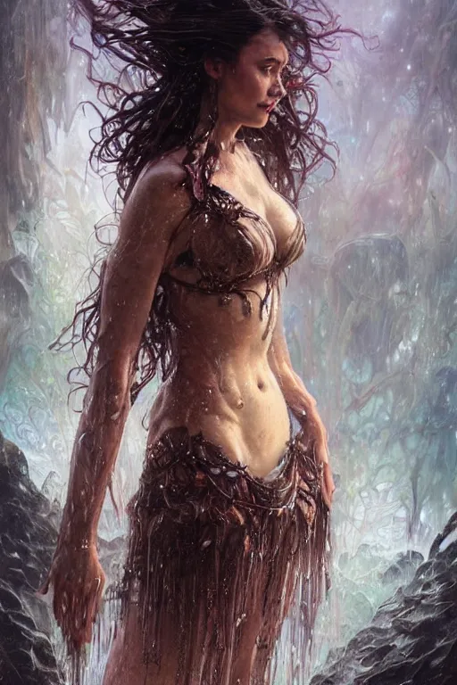 Prompt: portrait of a beautiful woman wearing a dark fantasy armor, drenched body, wet dripping hair, emerging from the water, fantasy, regal, fractal crystal, fractal gems, by stanley artgerm lau, greg rutkowski, thomas kindkade, alphonse mucha, loish, norman rockwell, ross tran