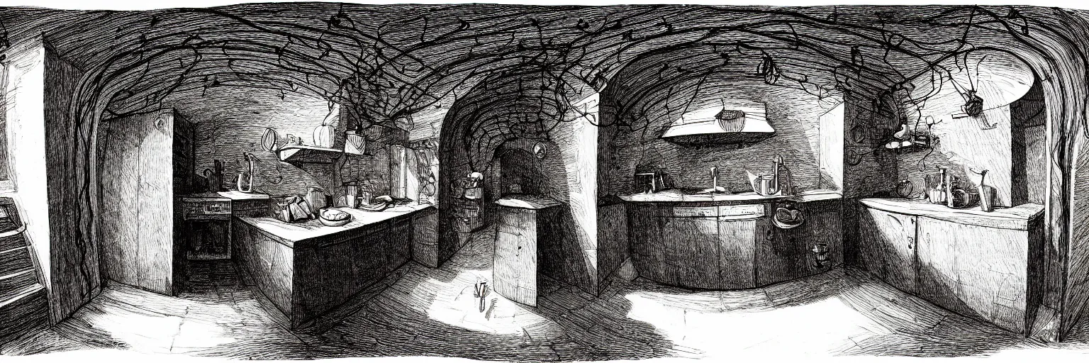 Prompt: underground, basement, fisheye spiral, naive, extra narrow, detailed illustration of a kitchen, large floor, dimly lit by goya, dark blue, vines crawling, tavern
