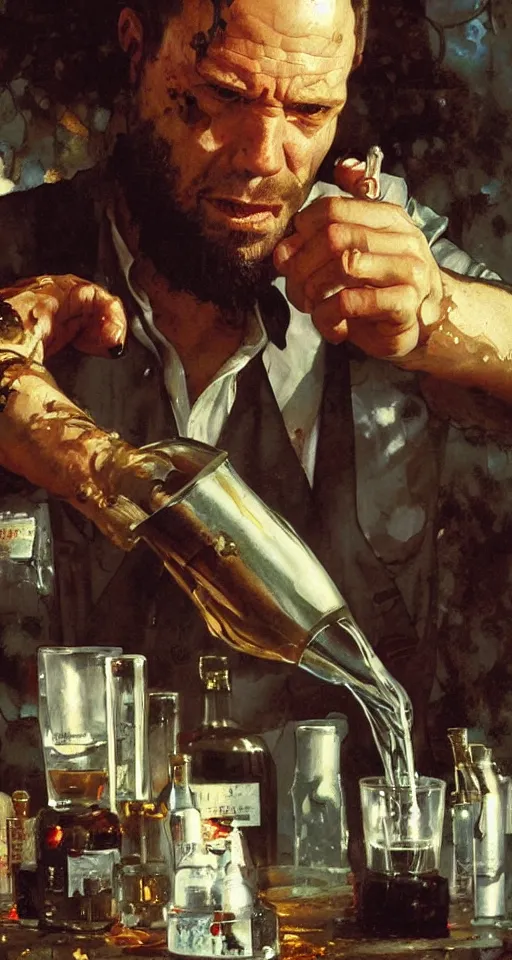 Image similar to close up of bloodied max payne pouring vodka, sun shining, photo realistic illustration by greg rutkowski, thomas kindkade, alphonse mucha, loish, norman rockwell.