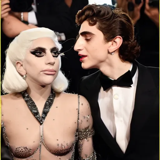 Image similar to timothee chalamet and lady gaga meet eachother photographed by pascal rostain, highly beautiful faces, highly detailed