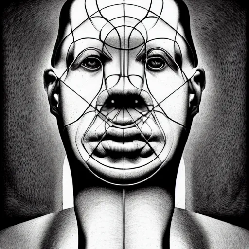 Image similar to airbrush and mono print polish poster conceptual figurative post - morden monumental portrait made by escher and giger, highly conceptual figurative art, intricate detailed illustration, illustration sharp geometrical detail, vector sharp graphic, controversial poster art, polish poster art