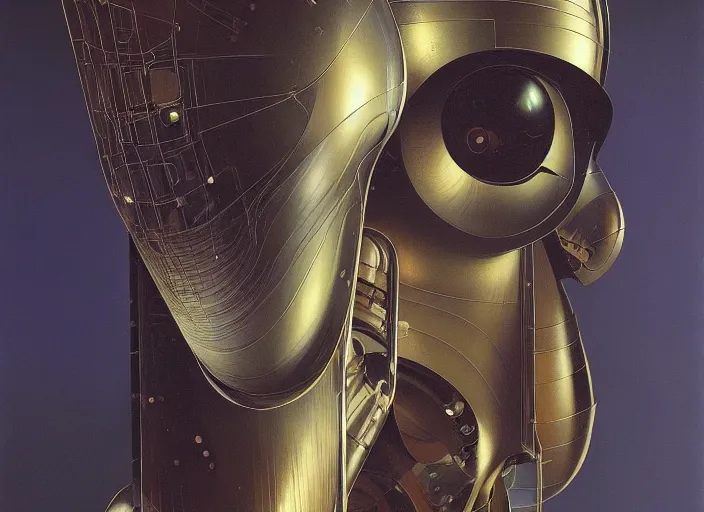 Prompt: a portrait headshot of sci fi metallic human, bright eyes, melancholic complex geometric figure liminal machinery by oskar schlemmer, moebius, john berkey, cinema grain, oil on canvas, portrait facial head, featured on artstation, hd wallpaper