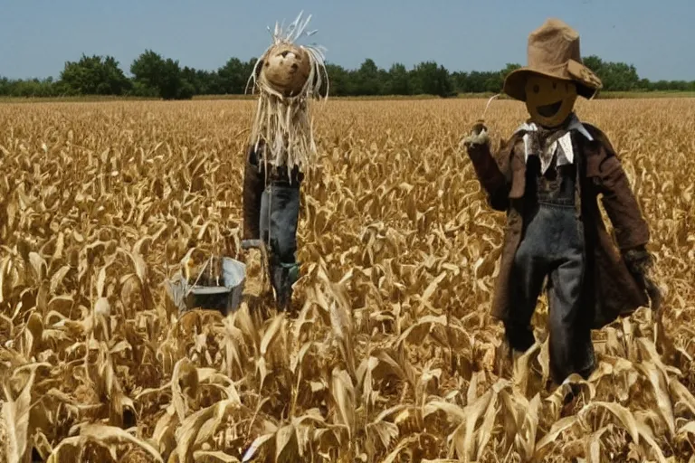 Image similar to sketchy scarecrow from the early 1 9 0 0's leading children into the cornfields