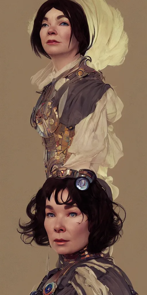 Prompt: bjork wearing a doctor who cosplay, digital painting, artstation, portrait, close - up, matte, sharp focus, illustration, art by greg rutkowski and alphonse mucha