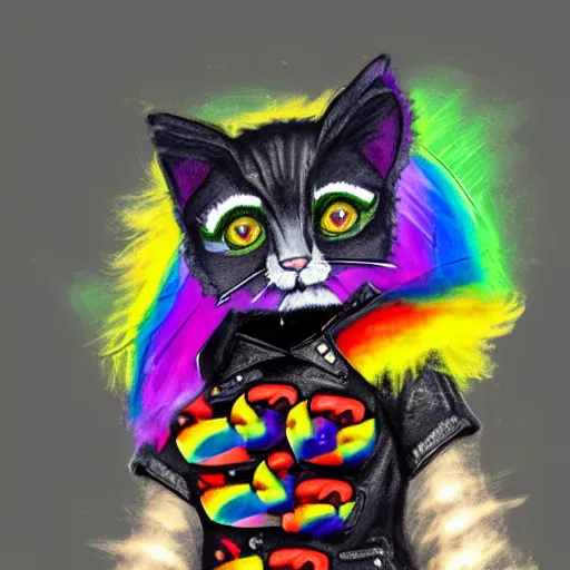 Image similar to wide angle full body, jacket wearing fluffy cute rainbow kitten wearing a black leather motorcycle jacket, concept art