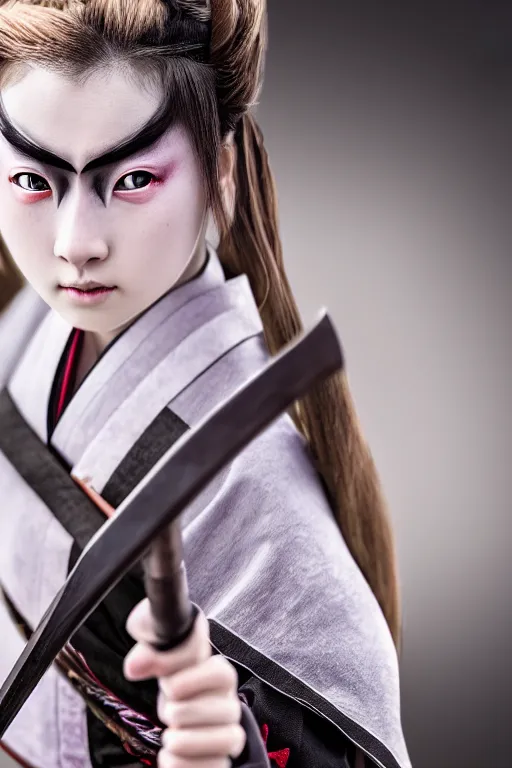 Image similar to highly detailed beautiful photo of a young female samurai, practising sword stances, symmetrical face, beautiful eyes, realistic anime art style, 8 k, award winning photo, pastels colours, action photography, 1 / 1 2 5 shutter speed, dramatic lighting