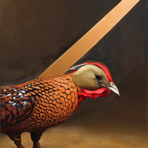 Image similar to Pheasant holding a sword, by lily seika jones , rivuletpaper art, very detailed, oil painting, harsh fairy tale, soft style, hyperrealism, beautiful, high resolution, trending on artstation, steps 50