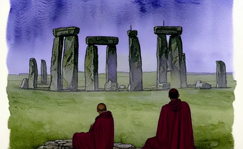 Image similar to a hyperrealist watercolour character concept art portrait of a grey medieval monk kneeling down in prayer in front of a tall alien structure built on top of stonehenge on a misty night. by rebecca guay, michael kaluta, charles vess and jean moebius giraud