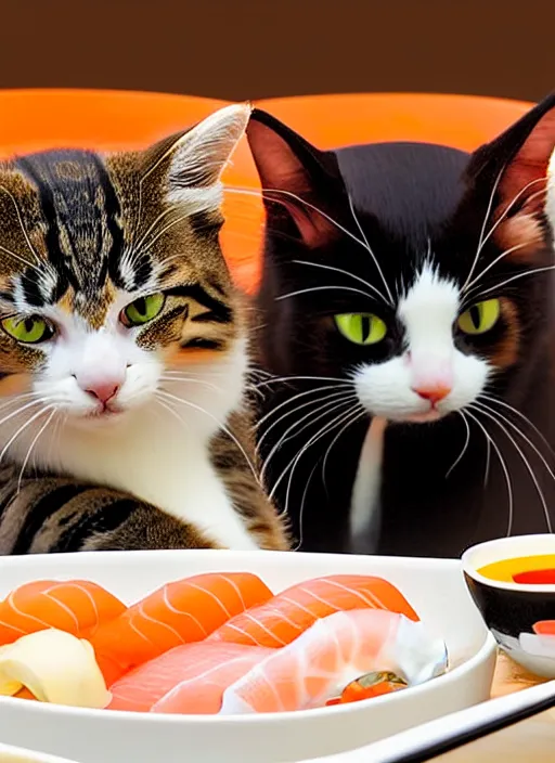 Image similar to clear photograph of cute cats stealing sushi from sushi plates