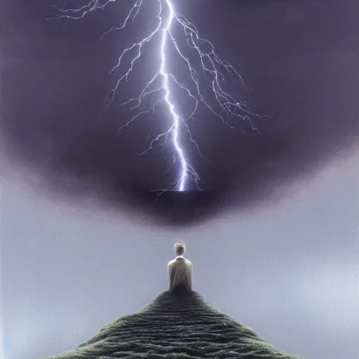 Image similar to killua zoldyck made by zdzisław beksinski, thunderstorm, lighting,, 8 k, detailed, high quality, 8 k