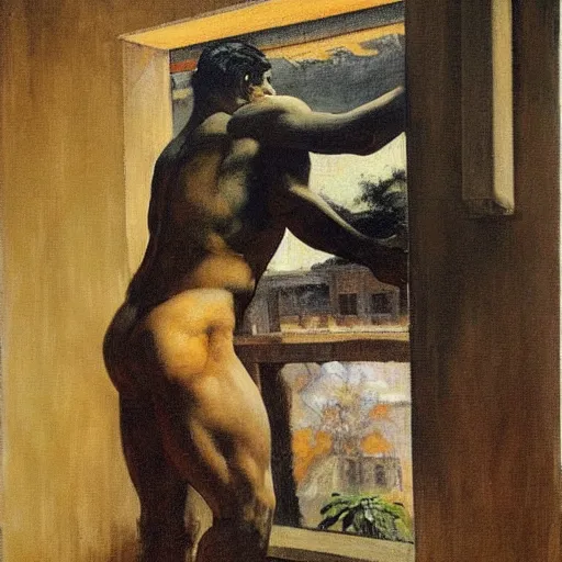 Prompt: a man looking out a window, frank frazetta,