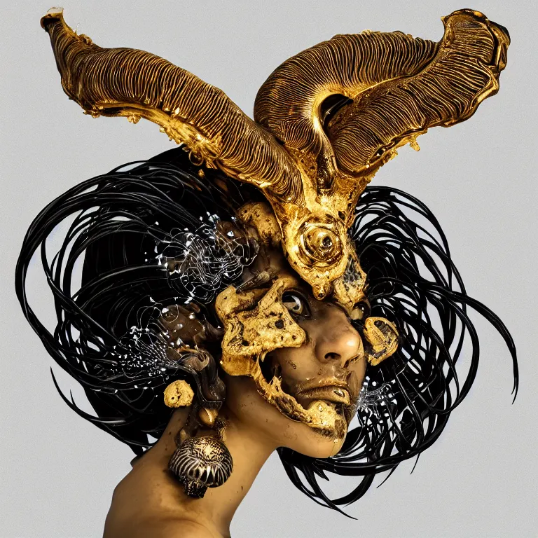 Image similar to black background. absolutely symmetrical sculpture. centered. goddess princess face close-up portrait ram skull. sculpture made of gold and black charcoal. jellyfish phoenix head, nautilus, orchid, skull, betta fish, bioluminiscent creatures, intricate artwork by Tooth Wu and wlop and beeple. octane render, trending on artstation, greg rutkowski very coherent symmetrical artwork. cinematic, hyper realism, high detail, octane render, 8k