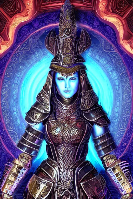 Prompt: beautiful portrait of a exotic paladin woman in feminine plate armor being corrupted, symmetrical features and solemn expression, intricate detail, elaborate, regal, royal relief, swirling clouds, glowing particles, etched relief, radiant vibrant colors - border