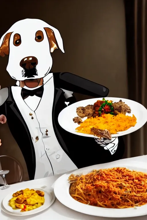 Image similar to a dog - headed waiter holding a plate of food